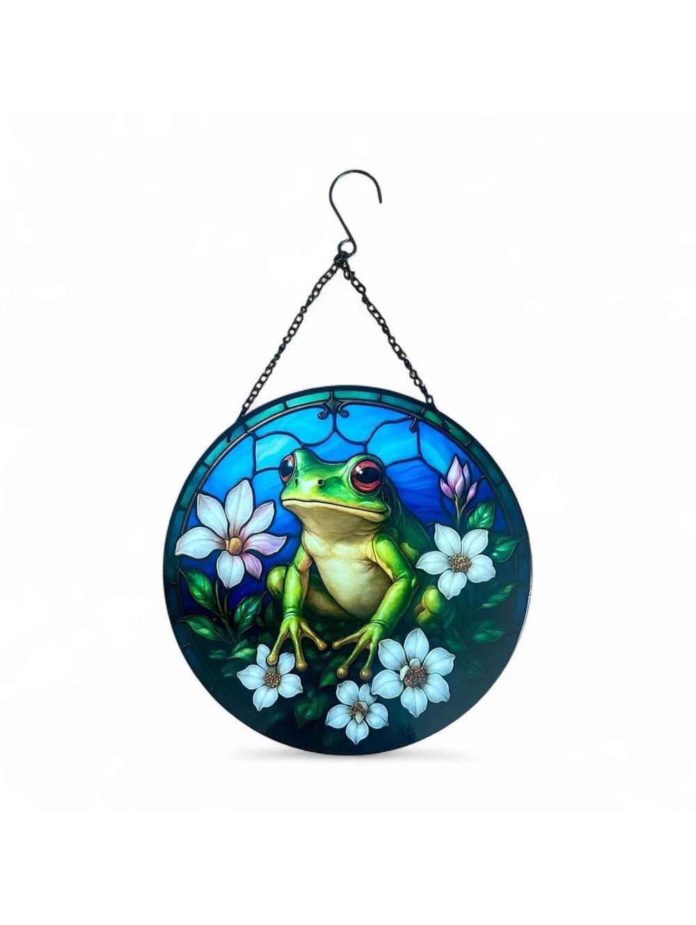 Frog Floral Stained Glass Style Round Metal Hanging Wall Decor 12”
